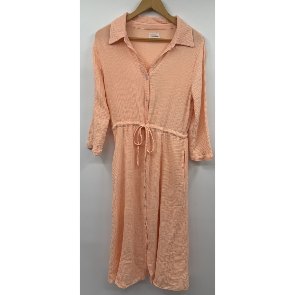 Honorine Gauze Victoria Midi Dress Peach Cotton Collared Drawstring Waist SZ M